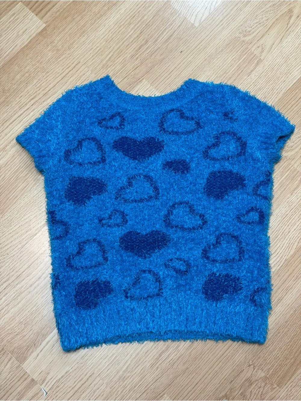Justice Girls Blue Fuzzy Eyelash Knit Leopard Spot Short Sleeve Sweater Size 8